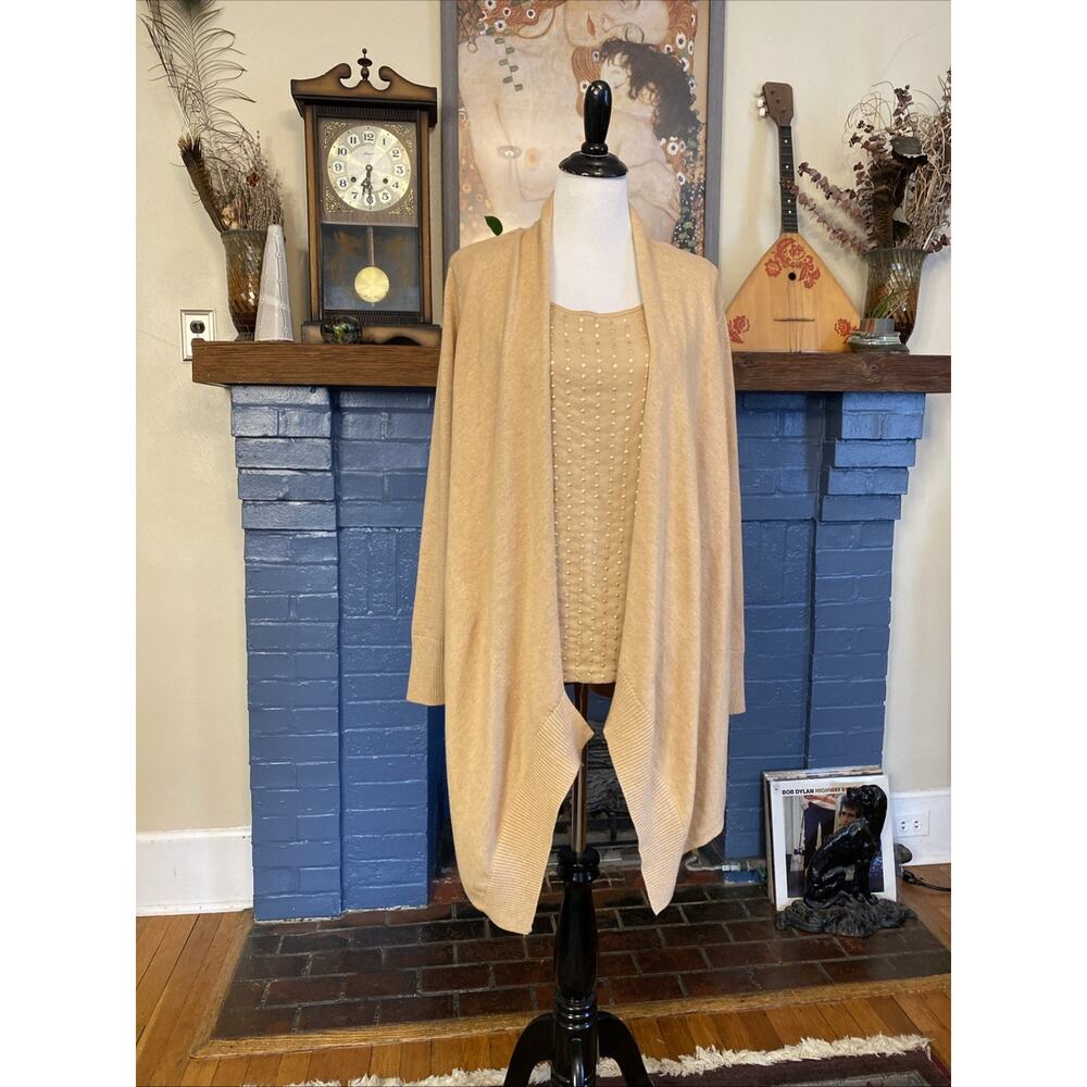 Chicos Size 2 US L 12/14 Tank Open Cardigan Sweater Set Camel Beige Sequin 2pcs